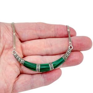 Vintage Sterling Silver 925 Malachite Marcasite Necklace 18"